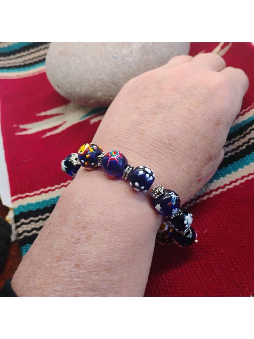 Handmade Lampwork Glass Bead Bracelet Cobalt Blue Yellow OOAK - Picture 6 of 9